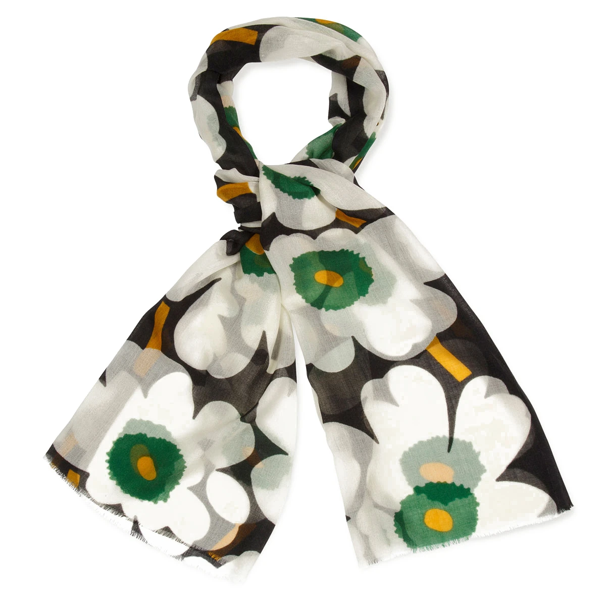 Marimekko Fiore 2 Unikko Wool Scarf Blk/Wh/Green 1 Marimekko Fiore 2 Unikko Wool Scarf Blk/Wh/Green