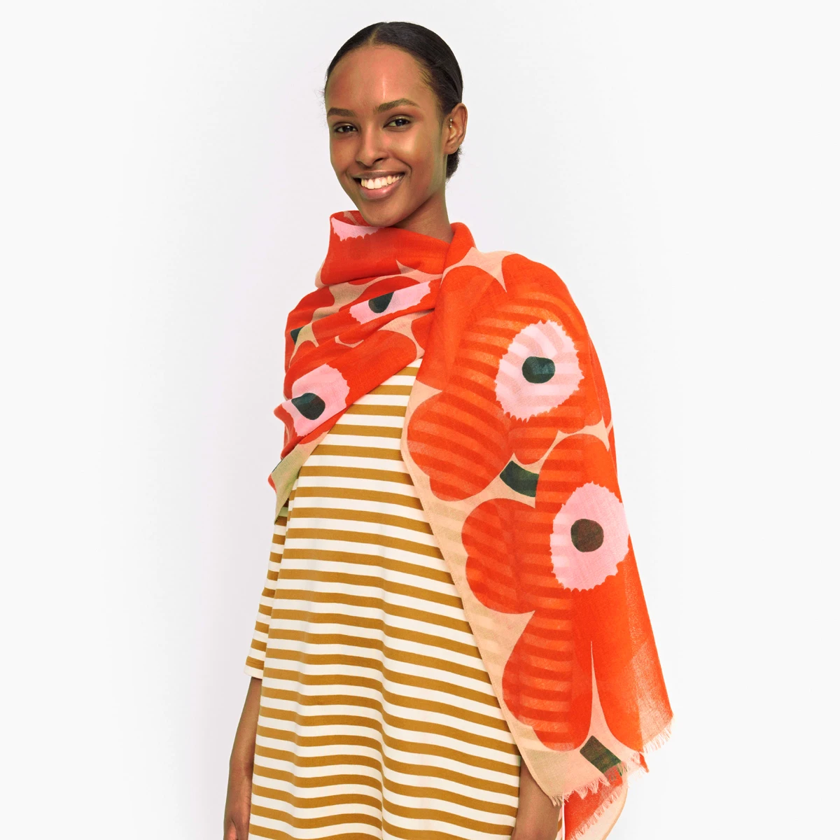 Marimekko Unikko Beige / Orange / Pink / Green Fiore Scarf 2 Marimekko Unikko Beige / Orange / Pink / Green Fiore Scarf - Image 2