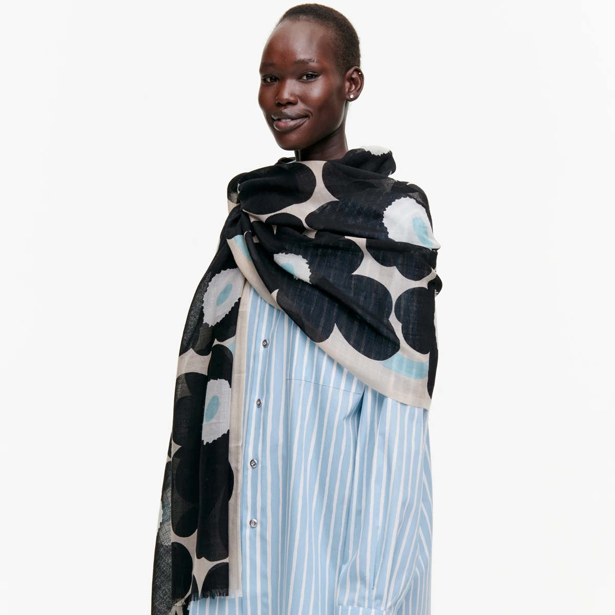 Marimekko Unikko Ecru / Black / Aqua Fiore Scarf 1 Marimekko Unikko Ecru / Black / Aqua Fiore Scarf